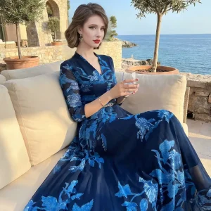 FMY70200 Blue Printed Women’s Summer Dress New Elegant High-End Design with Waist-Spinning V-Neck Long Dress