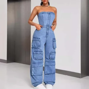 FS14557D Women Fashion Off Shoulder Denim Cargo Jumpsuits