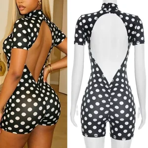 FS18746D Women’s Fashion Jumpsuits Short Sleeve Backless Dot Printed Rompers