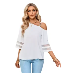 FUYI Women’s Sexy Casual Satin Blouse Mesh Panel Off Shoulder Slim Fit Breathable Eco Friendly Anti Wrinkle Top Party