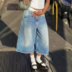 FY Women Baggy Denim Bermuda Shorts Vintage Straight Wide Leg Denim Long Shorts Casual Y2k Knee Length Jean Jorts