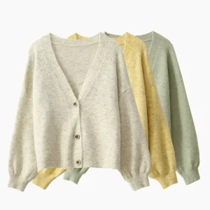 Factory Autumn Plain Loose Short Cardigans Custom Crocheted Button Knitted Sweaters Open Front Puff Sleeve Cardigan Women Coat