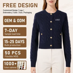 Factory Custom 100% Wool Classic Solid Color Simple Long Sleeve Thick V Neck Wool Knit Cardigan Women’s Clothing