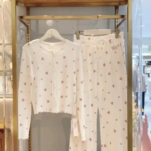 Factory Custom Cotton Women’s Pajamas White Printed Bamboo Pajamas Loose Plus Size Cardigan Sleepwear Women