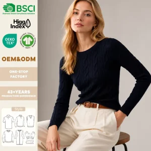 Factory Custom Knitted Sweater Long Sleeve Women’s Sweater Cable Knit Cashmere Crewneck Sweater Knitwear for Winter Wear