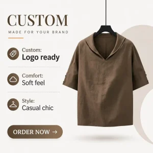 Factory Custom Logo Hooded Women’s Linen Cotton Shirt Loose Fit Half Sleeve Elegant Daily Office Blouse Top