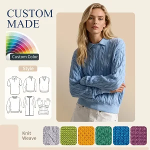 Factory Custom Long Sleeve with Rib Knit Cuffs Women’s Sweater Cable Knit Cotton Polo Collar Sweater Knitwear for Casual Wear