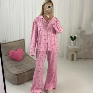 Factory Custom Printed Women’s Cotton Pajama Set Long Sleeve 2 Piece Sleepwear Loungewear with Bow Design Pockets