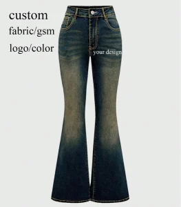 Factory Custom Vintage Jeans Distressed Washed High Waist Women’s Stretch Slim Fit Denim Flare Jeans