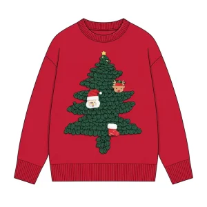 Factory Customized Design Cartoon Christmas Tree Red Sweater Autumn Winter Loose Knit Sweater