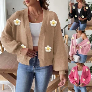 Factory Customized OEM ODM Lady Fashion Design Drop Shoulder Lantern Sleeve Floral Applique Long Sleeve Women’s Cardigan Sweater