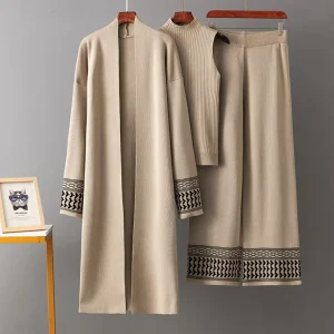 Factory Direct 3 Piece Women’s Sweater Set Knitted Long Cardigan Loose Pant Elegant Abaya Set Women Suit Casual Spring