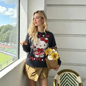 Factory Direct OEM Women’s Cartoon Cat Sweater Cute Animal Pattern Knitted Pullover Long Sleeve Crew Neck Tops for Women