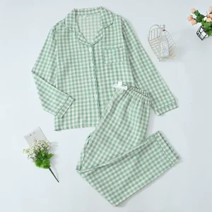 Factory Direct Printed Elastic Waistband Casual Long Sleeved Lapel Two Piece Set for Women’s Sleepwear Suitable for Sleeping Set