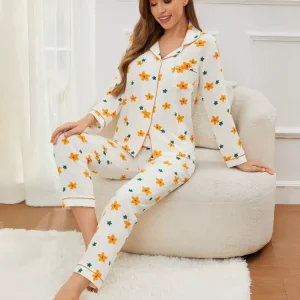 Factory Direct Printed Elastic Waistband Casual Long Sleeved Lapel Two Piece Set for Women’s Sleepwear Suitable for Sleeping Set