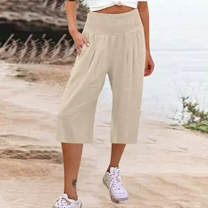 Factory Direct Sale New Arrival Women’s Summer Loose Fit High Waisted Wide Leg Cropped Polyester Pants