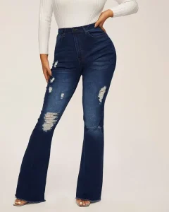 Factory Direct Sale Women’s High Elastic Skinny Jeans Mid Waist Ladies Trousers With Hole and Rip Sexy Flared Style