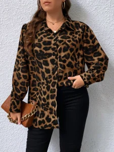 Factory Direct Sale Women’s Large Size Polyester Leopard Print Eco-Friendly Loose Fit Casual Shirt for Commuter Dating Daily Use