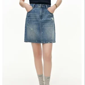 Factory Direct Sale of Retro Distressed Heart Print Women’s High waisted Denim Skirt