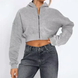 Factory Direct Sales Blank Plain Full Zip up Cropped Hoodies Custom Sexy High Quality 100% Cotton Women’s Hoodies