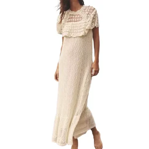 Factory Direct Women’s Sleeveless Straight Cut Summer Natural Waist ODM Knit Dress Cover up Sexy Mesh Hollow Beach Maxi Dress