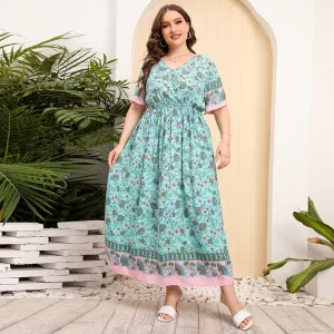 Factory Direct Women’s Summer Casual Beach Dress Australia Plus Size Short Sleeve with Natural Waistline Border Printed
