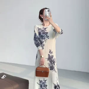 Factory Elegant Women’s Midi Dress Slim Fit Printed Pleated Clothing Ruched Decoration Natural Waist Dress