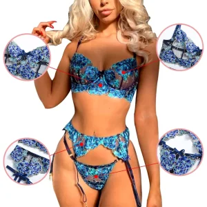 Factory Flower Embroidery Garter Blue 3 Pieces Lingerie Sets See Through Erotic Sexy Lingerie Women’s Valentine Day