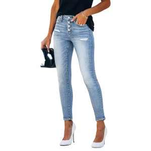 Factory High Quality Europe and America Skinny Jeans for Women Casual Ripped High Stretch Pencil Jeans