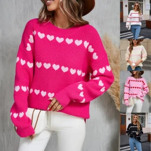 Factory Knit Women Tops Fall Winter V-neck Loose Casual Valentine’s Day Women’s Sweater Cotton Sweater