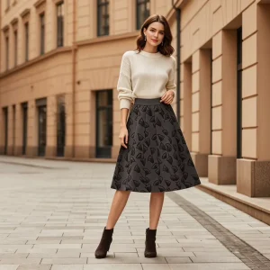 Factory Knitted A Line Knee Length Skirt High Waist Casual Office Work Autumn Winter Womens Skirts