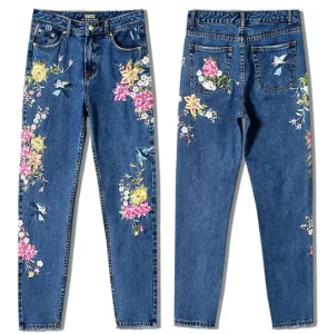 Factory Ladies High Waisted 100% Cotton Straight Leg Denim Jeans Pants Birds Flower Embroidery Plus Size Women’s Jeans