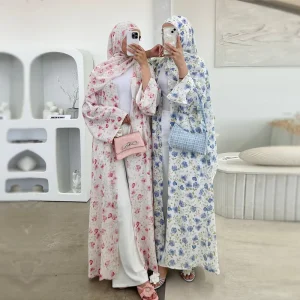 Factory New Dubai European American Style Pure and Beautiful Flower Printed Double-layer Chiffon Cardigan Muslim Woman Abaya