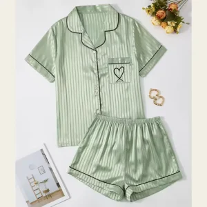 Factory OEM Elegant Solid Color Vertical Striped Satin Women’s Pajama Set Heart-embroidered Short Two-piece Loungewear