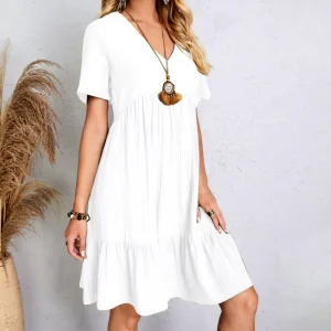 Factory Price Durable Women’s Fashion Leisure Wear Dress Loose Casual Short Sleeve Cotton V neck Dress