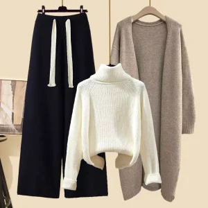Factory Sell Autumn and Winter Suit Women’s New Lazy Style Long Cardigan Coat Knitted Sweater Wide Leg Pants Two Pieces Set