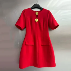 Factory Spring Summer Mini Casual Dress Women’s Short Sleeve Rose Button Elegant A-Line Solid Red Black Party