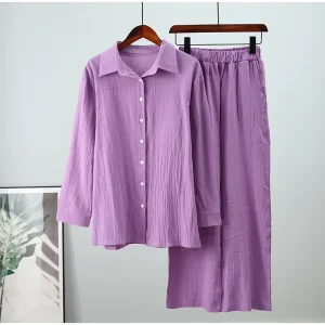 Factory Summer Casual Loose Women’s 100% Linen Ankle Button Detail Long Sleeves Shirt and Pants Set