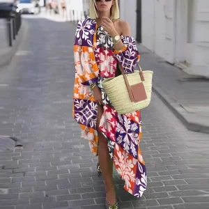 Factory Supply Custom Hawaiian Fabrics High Quality Chiffon Polyester Women’s Off Shoulder Dress Print on Demand Casual Dresses
