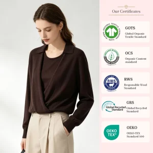 Factory Women Lapel Wrap Front Wool Knit Top Long Sleeve Cross V Neck Slim Elegant Knitted Pullover