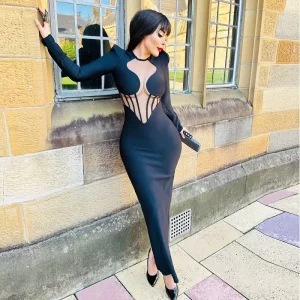 Factory Women’S Elegant Black Long Sleeve Mesh Perspective Sexy Celebrity Birthday Cocktail Party Bandage Long Dress