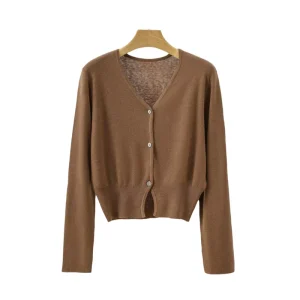 Factory Women’s Long Sleeve Cardigan Sweater Basic Solid Color V-Neck Rib Open Front Casual Thin Knit Cardigan