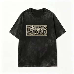 Faded Black Short Sleeve T Shirt With Abstract Cat Line Art Print Vintage Acid Wash Finish Comfortable Loose Fit