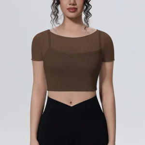 Fake Two-Piece Mesh Spandex/Nylon Sports Short-Sleeved Tight-Fit T-Shirt Women’s Crop Top Chest Pad Outer Wear Yoga Quick-Dry