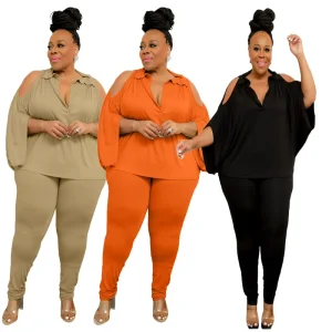 Fall Clothing Plus Size Women’s Clothing Casual Solid Color Long Sleeve Off Shoulder Top Two Piece Pants Set