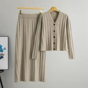 Fall Elegant Button Knitted Cardigan Suit Women’s Autumn Winter 2 Piece Set for Women Top and Knitted Hip Skirts Set