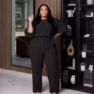 Fall Fashion Casual Plus Size Women’s Clothing Off Neck Solid Color Puff Sleeve Pant and Top Set for Women