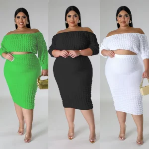 Fall Fashion Casual Plus Size Women’s Clothing Off neck Solid Color Puff Sleeve Skirt and Top Set for Women
