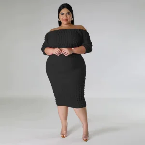 Fall Fashion Casual Plus Size Women’s Clothing Off neck Solid Color Puff Sleeve Skirt and Top Set for Women