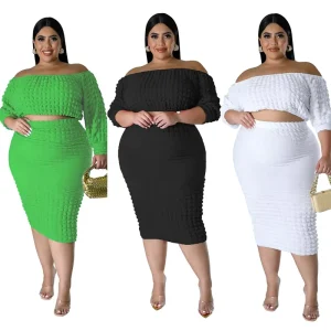Fall Fashion Casual Plus Size Women’s Clothing Off-neck Solid Color Puff Sleeve Skirt and Top Set for Women